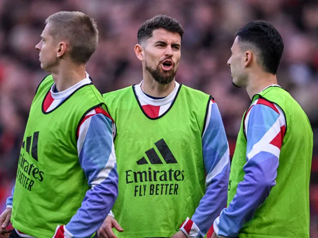 Arsenal's Jorginho with Oleksandr Zinchenko and Gabriel Martinelli on March 9, 2025