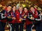 Olympic womens curling champions Great Britain, Fiona MacDonald (L), Janice Rankin (2L), Debbie Knox (2R), Rhona Martin (3L) and Margaret Morton pose during medal ceremonies at the Salt Lake 2002 Winter Olympic Games February 21, 2002