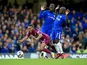 Tiemoue Bakayoko and N'Golo Kante deny all knowledge as Raheem Sterling goes down during the Premier League game between Chelsea and Manchester City on September 30, 2017