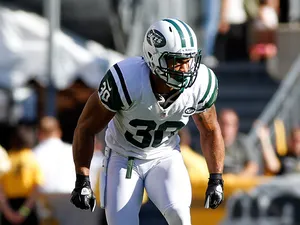 New York Jets' LaRon Landry in action against Pittsburgh Steelers on September 16, 2012