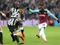 West Ham United's Arthur Masuaku shoots past Newcastle United players in the Premier League on December 23, 2017