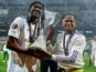 Aston Villa's Tammy Abraham and Leon Bailey with the Europa League trophy on May 19, 2026