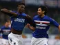 Sampdoria's Pedro Mba Obiang celebrates scoring his team's third goal against Pescara on January 27, 2013