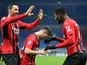 AC Milan's Rafael Leao celebrates scoring their first goal with Zlatan Ibrahimovic on January 17, 2022