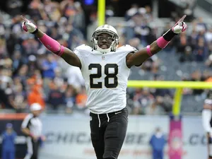 Keenan Lewis of the New Orleans Saints celebrates a victory against the Chicago Bears on October 6, 2013