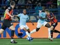 Raheem Sterling and Mykola Matviyenko in action during the Champions League group game between Shakhtar Donetsk and Manchester City on October 23, 2018