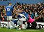 Everton's Dominic Calvert-Lewin celebrates scoring their second goal with teammates on December 7, 2019