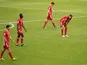 Bayern Munich players look dejected after 1. FC Union Berlin's Marcus Ingvartsen scored their first goal on April 10, 2021