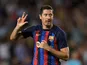 Barcelona's Robert Lewandowski celebrates scoring their fourth goal to complete his hat-trick on September 7, 2022