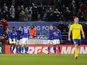 Leicester City's Ricardo Pereira celebrates scoring their first goal with teammates on March 4, 2020