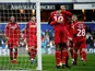 Nottingham Forest players celebrate their second goal scored by Lewis Grabban on November 27, 2019