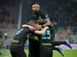 Inter Milan's Alexis Sanchez celebrates scoring their second goal with teammates on February 8, 2022