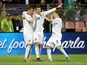  Italy's Andrea Belotti celebrates scoring their third goal with Federico Bernardeschi and Nicolo Barella on November 15, 2019