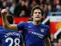 Marcos Alonso celebrates his equaliser during the Premier League game between Manchester United and Chelsea on April 28, 2019