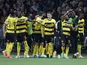 Young Boys' Meschack Elia celebrates scoring their first goal with teammates on October 25, 2023