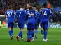 Leicester City's Nampalys Mendy celebrates scoring their first goal with teammates on February 11, 2023