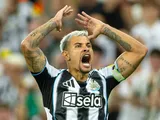 Newcastle United captain Bruno Guimaraes celebrates after scoring on August 25, 2025