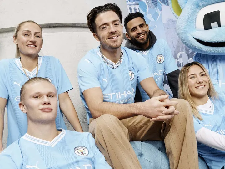 Pictured: Haaland, Grealish model Man City 2023-24 home kit