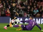 Bournemouth's Dominic Solanke in action with Southampton's Alex McCarthy on April 27, 2023