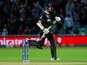 New Zealand's Mitchell Santner celebrates at the end of the match against Bangladesh on June 5, 2019