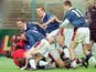 Jimmy Glass is mobbed by Carlisle teammates after his famous goal against Plymouth in 1999