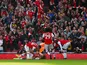 Arsenal defender David Luiz celebrates with teammates after scoring against Bournemouth on October 6, 2019