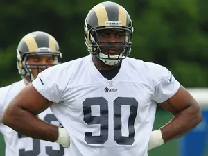 Michael Brockers of the St. Louis Rams looks on during rookie mini camp at the ContinuityX Training Center on May 12, 2012