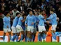 Manchester City players celebrate Riyad Mahrez's goal against Tottenham Hotspur on January 19, 2023