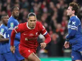 Liverpool's Virgil van Dijk celebrates scoring against Chelsea on February 25, 2024