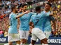 Manchester City players celebrate after their second goal against Watford in the FA Cup final on May 18, 2019