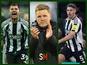 Bruno Guimaraes, Eddie Howe, Fabian Schar Newcastle composite