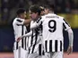 Juventus' Dusan Vlahovic celebrates scoring their first goal with Alvaro Morata on February 22, 2022