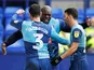 Wycombe Wanderers' Adebayo Akinfenwa celebrates scoring their first goal on November 17, 2019