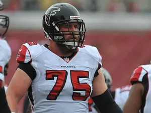Garrett Reynolds #75 of the Atlanta Falcons warms up before play against the Tampa Bay Buccaneers on November 17, 2013