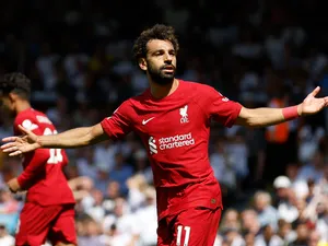 Mohamed Salah celebrates scoring for Liverpool on August 6, 2022