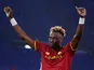Roma's Tammy Abraham celebrates scoring their third goal on November 25, 2021