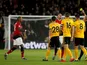 Manchester United's Ashley Young receives a second yellow card against Wolverhampton Wanderers in the Premier League on April 2, 2019.