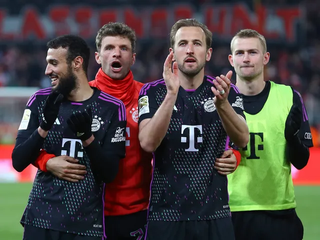 Bayern Munich's Harry Kane, Noussair Mazraoui, Matthijs de Ligt and Thomas Muller in April 2024