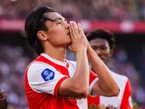 Ayase Ueda celebrates scoring for Feyenoord on August 9, 2025