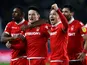 Nottingham Forest's Joe Lolley celebrates with teammates after scoring their second goal against Hull City on November 24, 2018