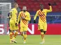Barcelona's Ousmane Dembele celebrates scoring against Ferencvaros in the Champions League on December 2, 2020