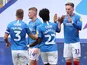 Portsmouth players celebrate scoring against Oxford United in the League One playoff semi-final on July 3, 2020