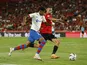 Barcelona's Lamine Yamal in action with Mallorca's Jose Manuel Copete on September 27, 2023