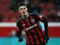 Bayer Leverkusen's Patrik Schick celebrates scoring their fourth goal against Greuther Fuerth on December 4, 2021