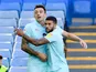 Queens Park Rangers' Jordan Hugill celebrates scoring their second goal with Nahki Wells on August 31, 2019