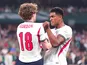 England's Jude Bellingham celebrates with teammate Anthony Gordon after the latter won a penalty on July 6, 2026