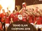 Wales players celebrate completing the Grand Slam and winning the Triple Crown and Six Nations Championship with the trophies