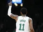 Boston Celtics guard Kyrie Irving (11) reacts during the first half in game two of the first round of the 2019 NBA Playoffs against the Indiana Pacers at TD Garden on April 17, 2019
