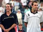 Greg Rusedski and Pat Rafter wait for their trophies after the 1997 US Open final.
