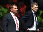 Rival bosses David Moyes and Brendan Rodgers standing on the touchline on May 5, 2013